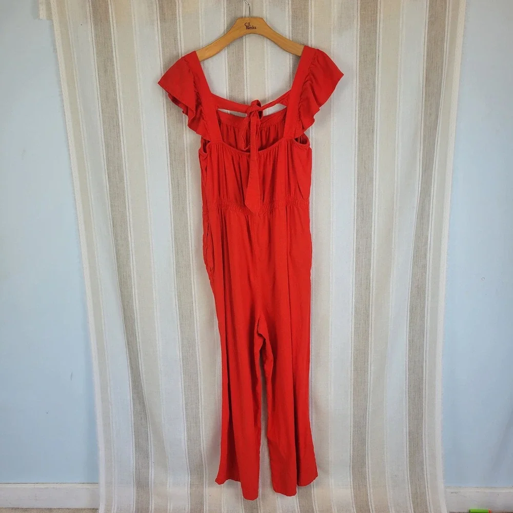 H&M Linen Blend Jumpsuit Vibrant Red Size‎ Large Flutter Ruffle Short Sleeves